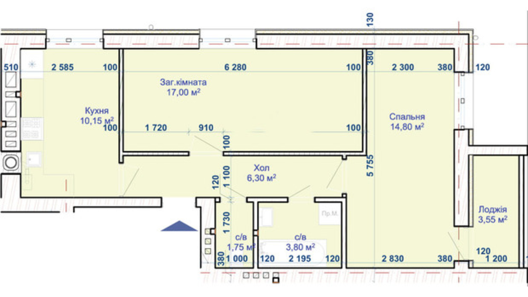 Планування 2-кімнатної квартири в ЖК Хотів 56.5 м², фото 218667