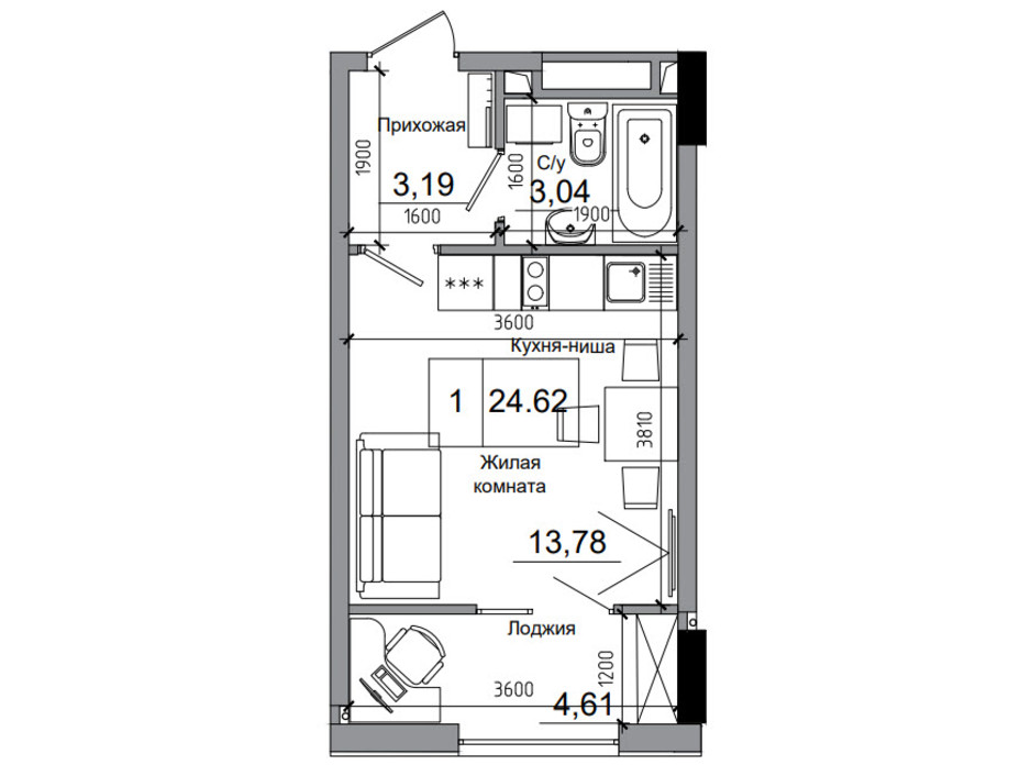 Планування смарт квартири в ЖК Artville 24.62 м², фото 218905 Планування смарт квартири в ЖК Artville 24.62 м², фото 218905