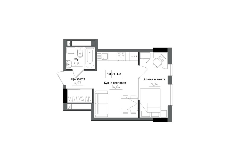 Планування 1-кімнатної квартири в ЖК Artville 30.63 м², фото 218916 Планування 1-кімнатної квартири в ЖК Artville 30.63 м², фото 218916