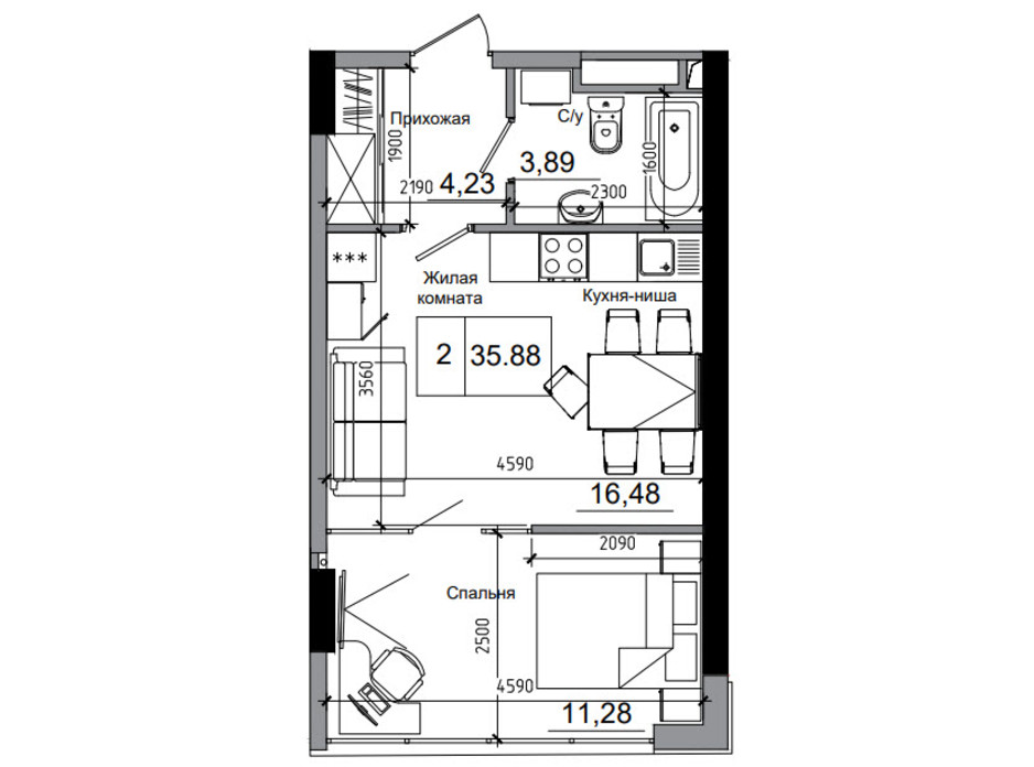 Планування 1-кімнатної квартири в ЖК Artville 35.88 м², фото 218934 Планування 1-кімнатної квартири в ЖК Artville 35.88 м², фото 218934