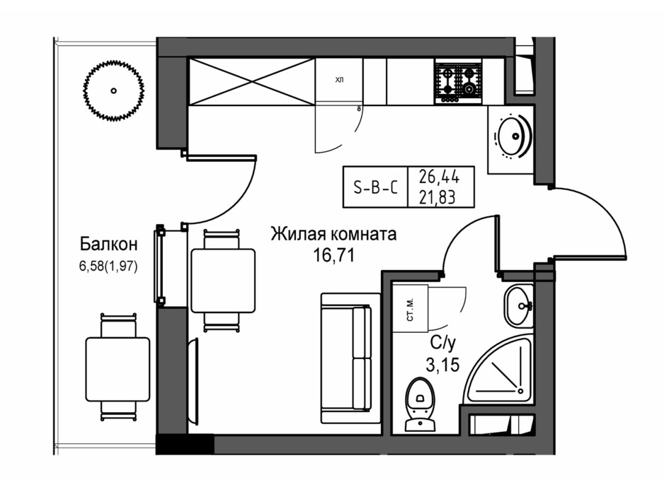 Планування смарт квартири в ЖК Artville 26.44 м², фото 218942 Планування смарт квартири в ЖК Artville 26.44 м², фото 218942