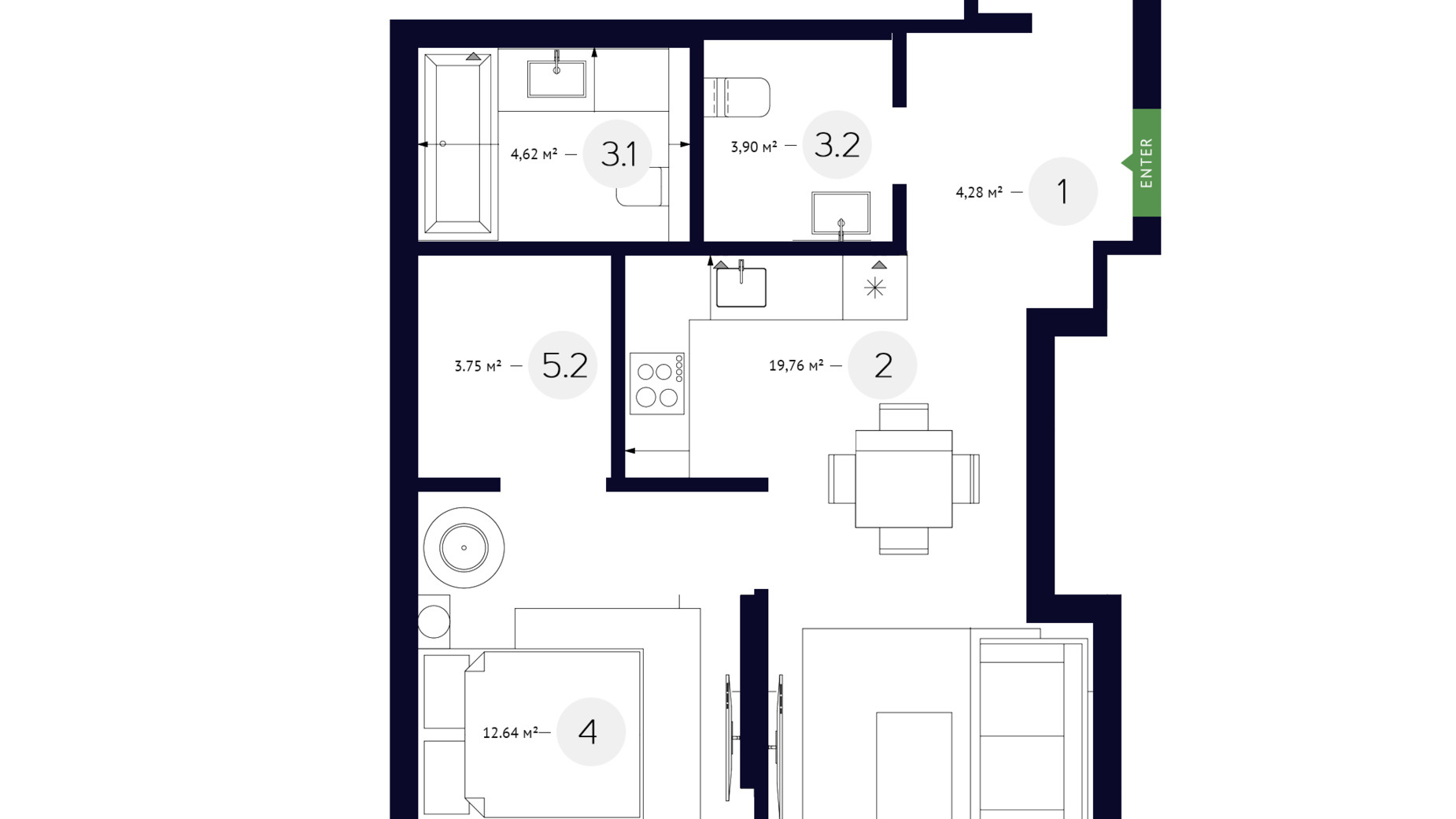 Планування 1-кімнатної квартири в ЖК White Lines 51.98 м², фото 219225