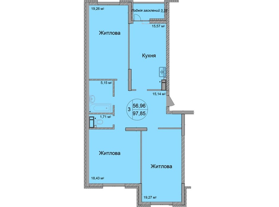 Планування 3-кімнатної квартири в ЖК Святобор 96.72 м², фото 219590 Планування 3-кімнатної квартири в ЖК Святобор 96.72 м², фото 219590