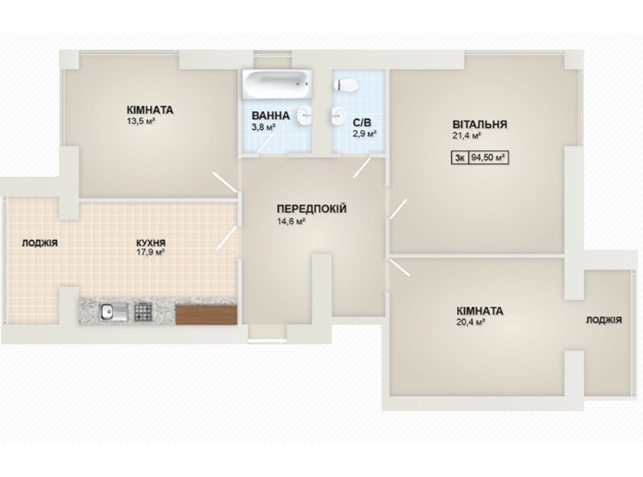 Планировка 3-комнатной квартиры в ЖК Містечко Козацьке 92.91 м², фото 219653 Планировка 3-комнатной квартиры в ЖК Містечко Козацьке 92.91 м², фото 219653
