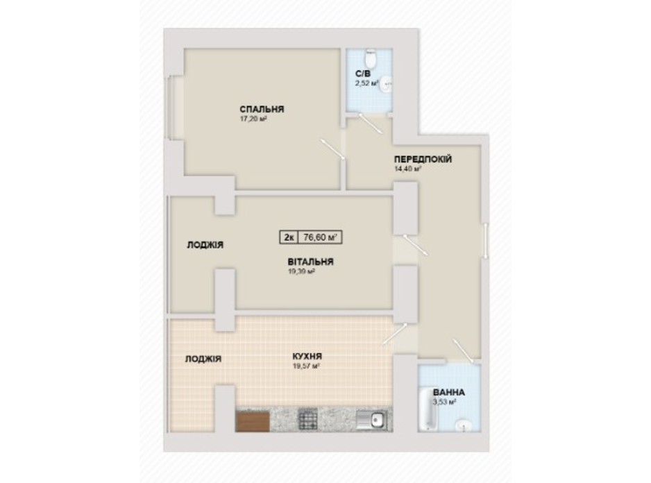 Планировка 2-комнатной квартиры в ЖК Містечко Козацьке 76.6 м², фото 219663 Планировка 2-комнатной квартиры в ЖК Містечко Козацьке 76.6 м², фото 219663