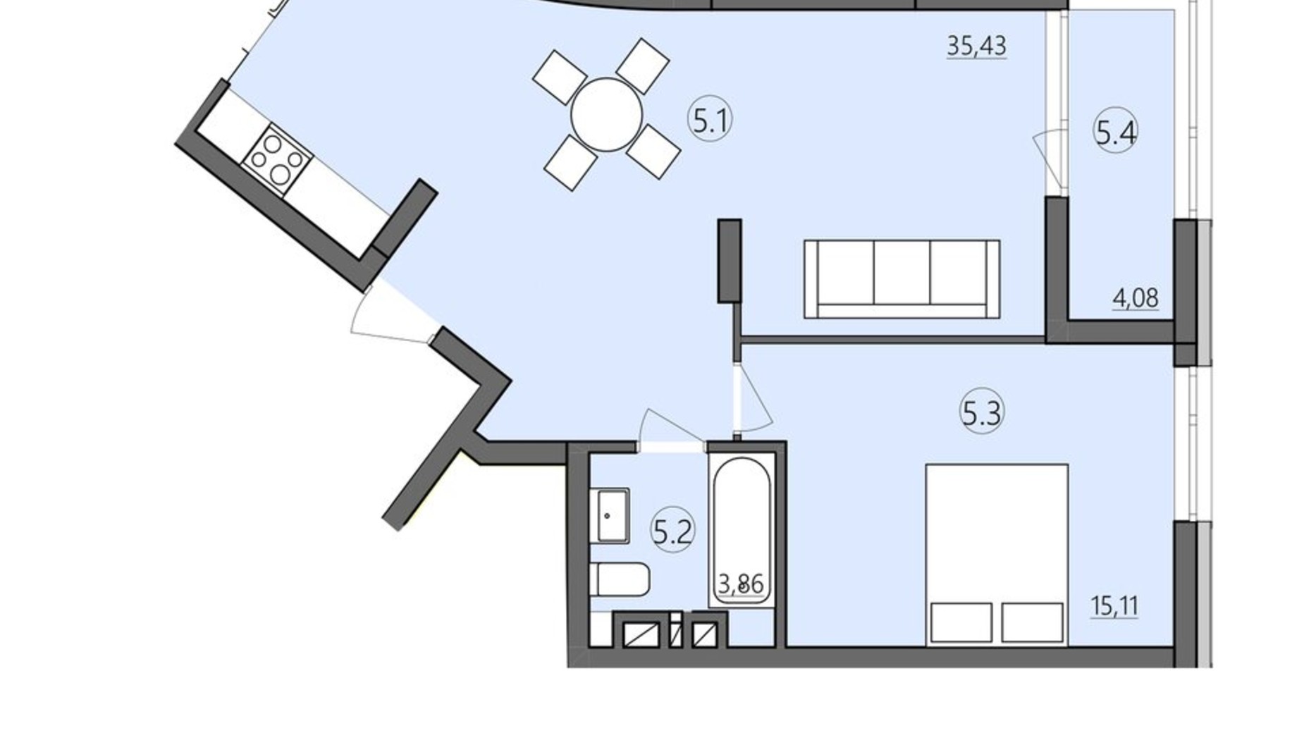 Планировка 1-комнатной квартиры в ЖК Там где дом 58.48 м², фото 219805