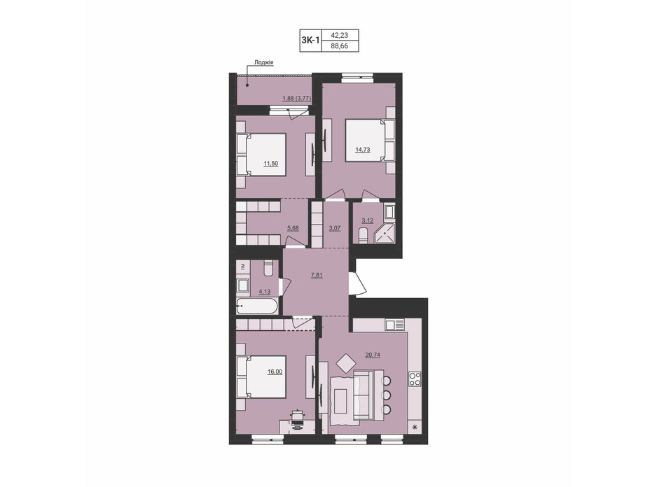 Планировка 3-комнатной квартиры в ЖК Mill town 88.66 м², фото 219942 Планировка 3-комнатной квартиры в ЖК Mill town 88.66 м², фото 219942
