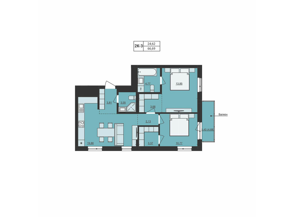 Планировка 2-комнатной квартиры в ЖК Milltown 66.69 м², фото 219943 Планировка 2-комнатной квартиры в ЖК Milltown 66.69 м², фото 219943