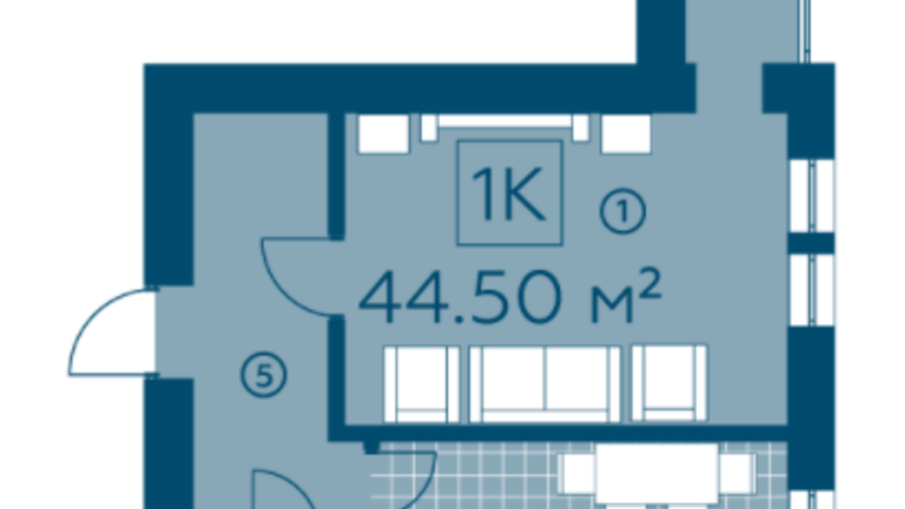 Планування 1-кімнатної квартири в ЖК Київський 44.5 м², фото 220129