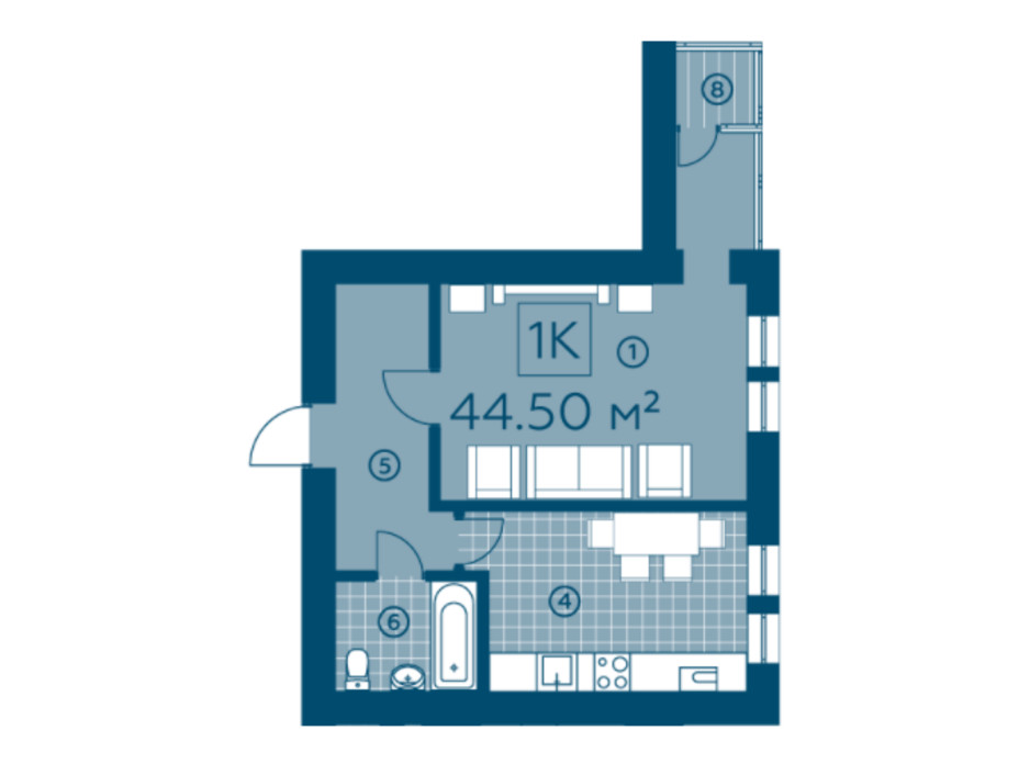 Планування 1-кімнатної квартири в ЖК Київський 43.66 м², фото 220136 Планування 1-кімнатної квартири в ЖК Київський 43.66 м², фото 220136