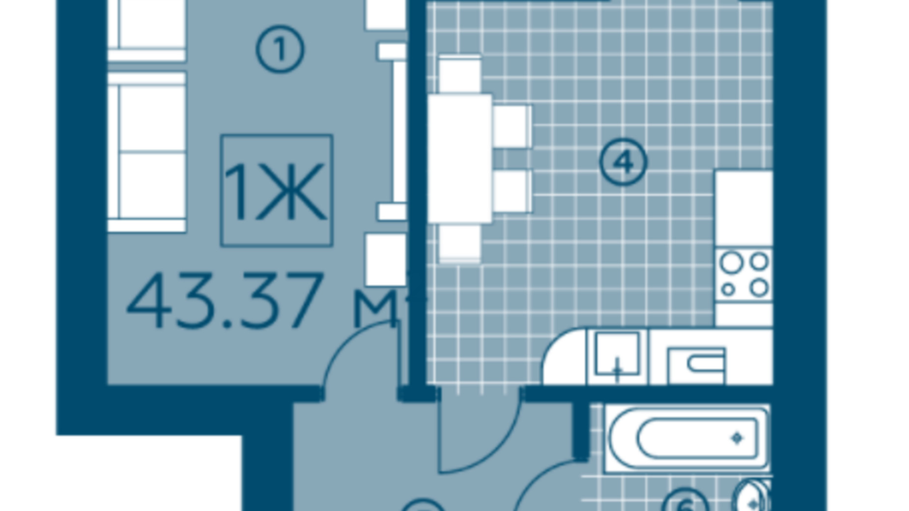 Планування 1-кімнатної квартири в ЖК Київський 43.37 м², фото 220146