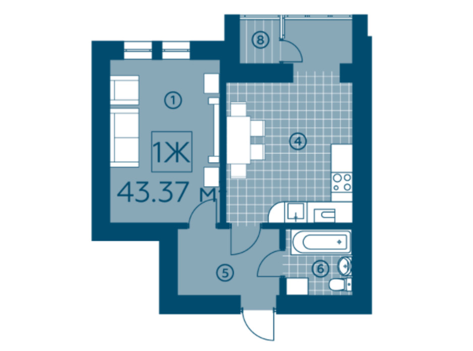 Планування 1-кімнатної квартири в ЖК Київський 43.37 м², фото 220146 Планування 1-кімнатної квартири в ЖК Київський 43.37 м², фото 220146