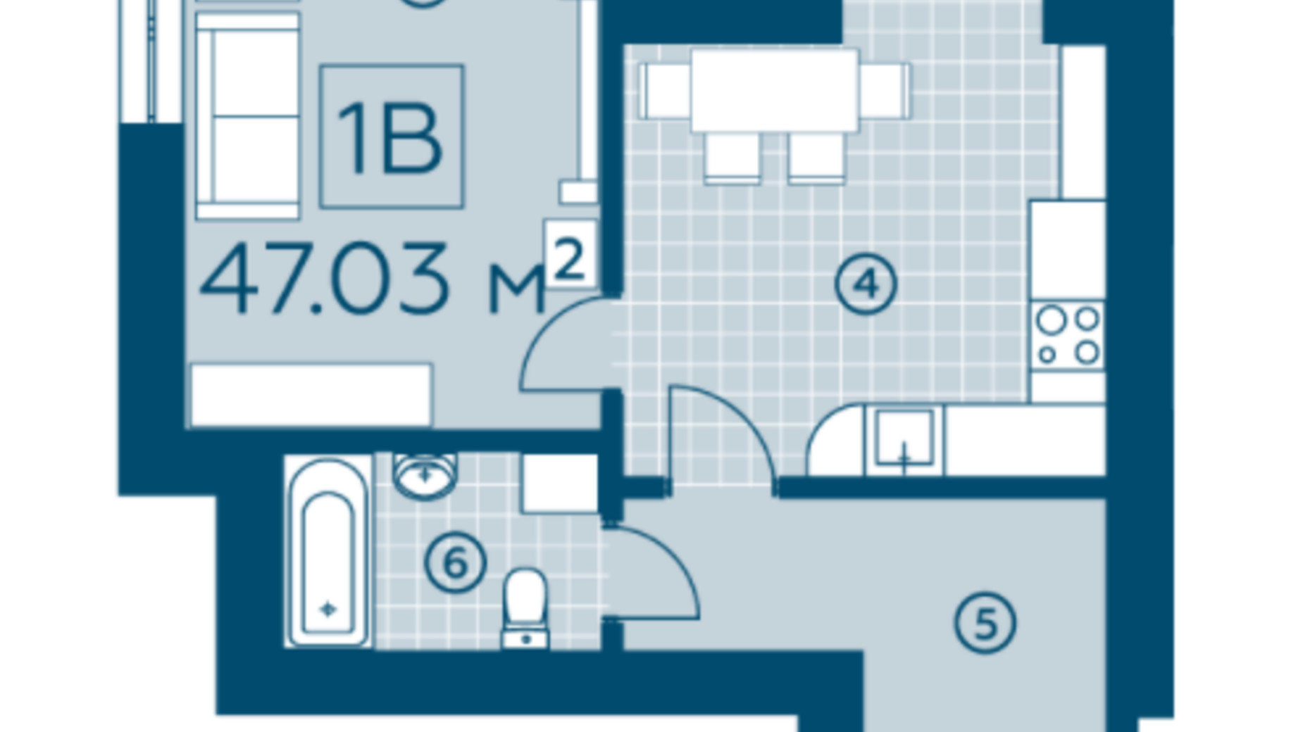 Планування 1-кімнатної квартири в ЖК Київський 47.03 м², фото 220153