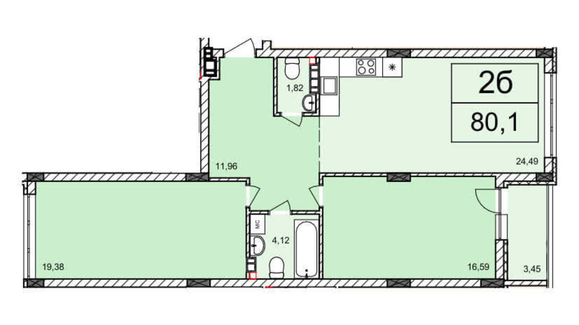 Планування 2-кімнатної квартири в ЖК Білий Шоколад 80.1 м², фото 220163