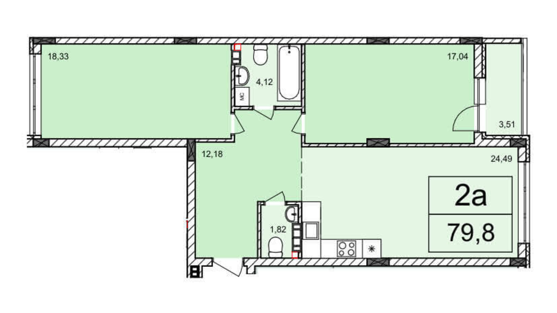 Планировка 2-комнатной квартиры в ЖК Белый Шоколад 79.8 м², фото 220165