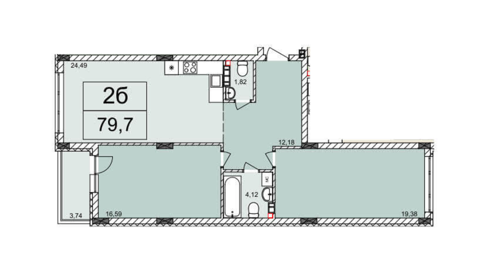 Планировка 2-комнатной квартиры в ЖК Белый Шоколад 79.7 м², фото 220166
