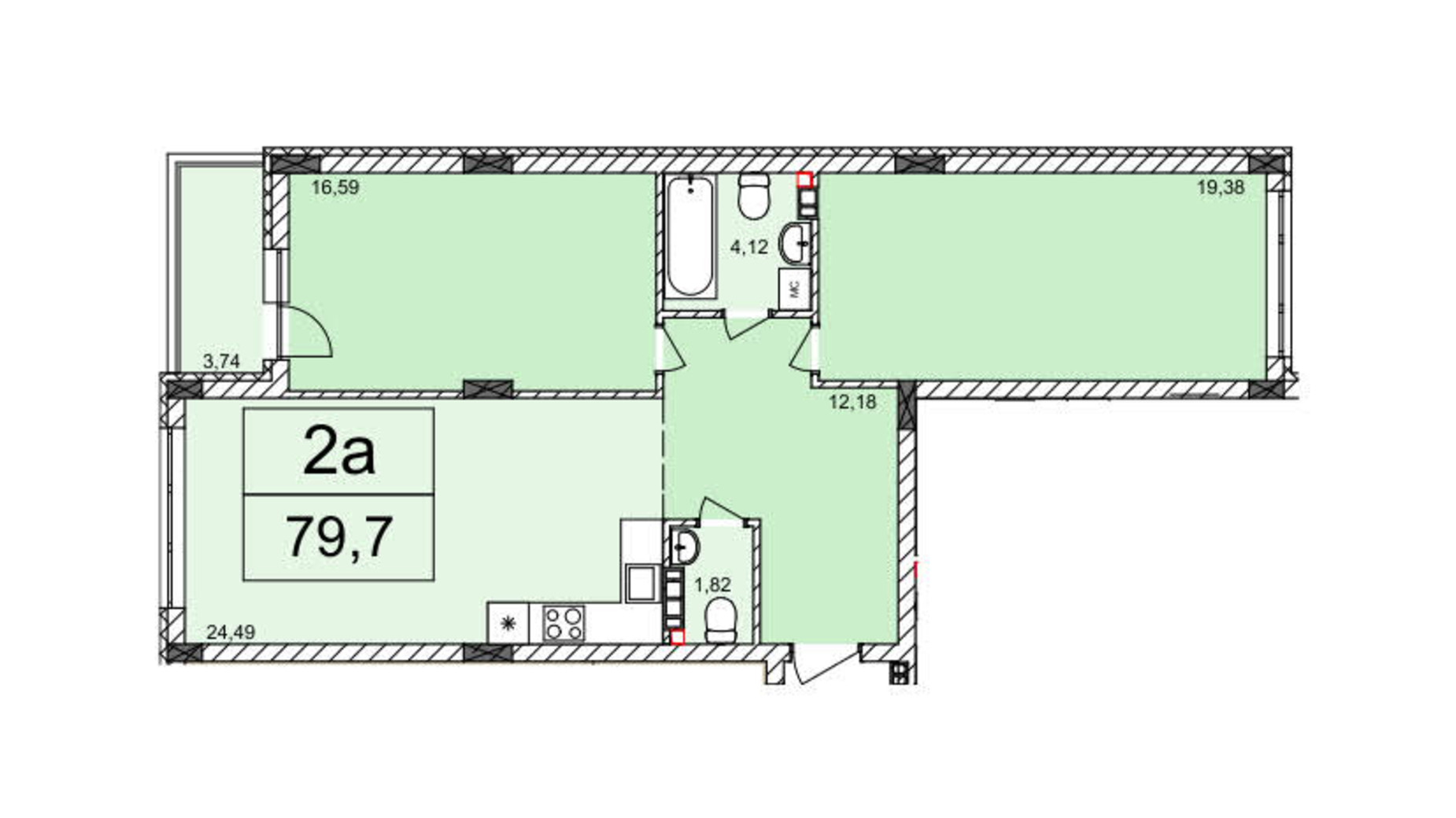 Планировка 2-комнатной квартиры в ЖК Белый Шоколад 79.7 м², фото 220168