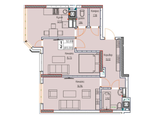 ЖК Чорновола: планування 2-кімнатної квартири 68 м²