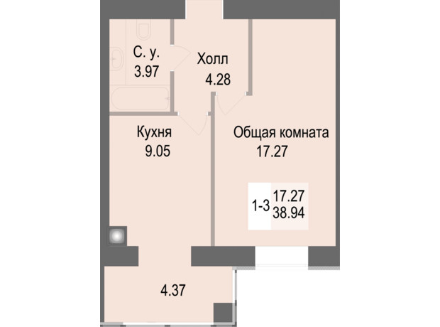 ЖК Софиевская сфера: планировка 1-комнатной квартиры 38.91 м²