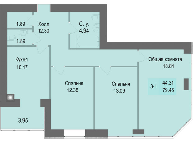 ЖК Софіївська сфера: планування 3-кімнатної квартири 79.45 м²