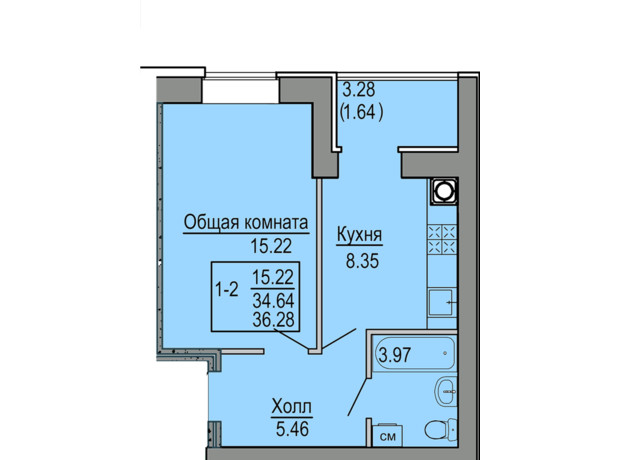 ЖК Софіївська сфера: планування 1-кімнатної квартири 36.28 м²