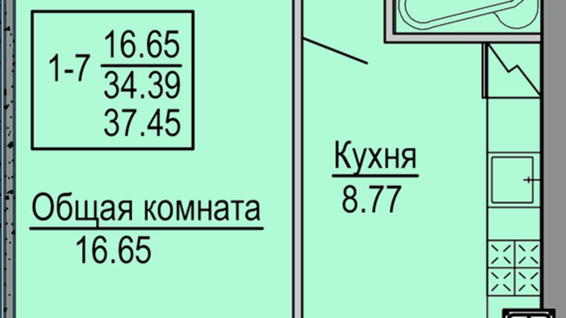 Планировка смарт квартиры в ЖК Софиевская сфера 37.45 м², фото 221250