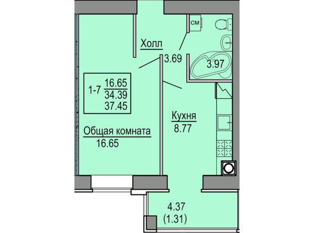 ЖК Софиевская сфера: планировка 1-комнатной квартиры 37.45 м²