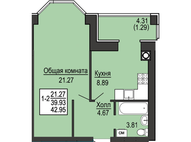 ЖК Софиевская сфера: планировка 1-комнатной квартиры 42.95 м²