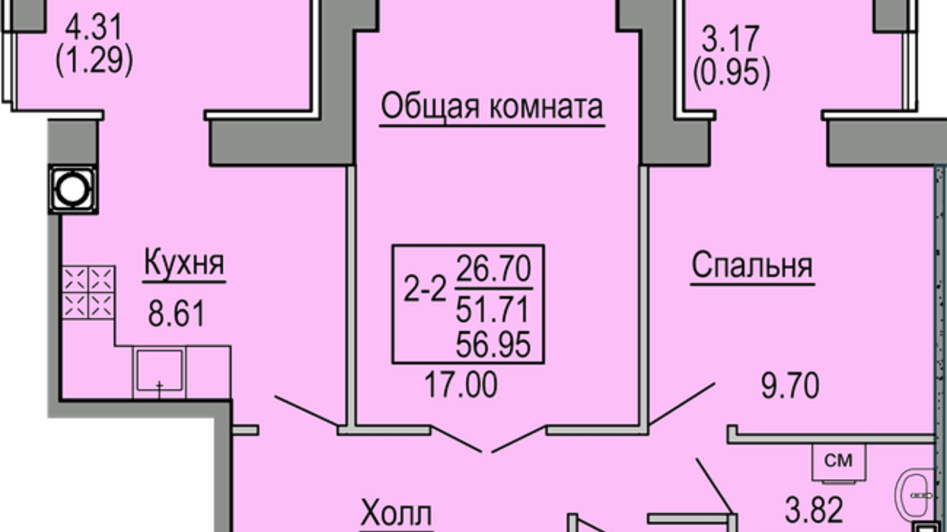 Планировка 2-комнатной квартиры в ЖК Софиевская сфера 56.95 м², фото 221252