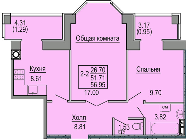 ЖК Софіївська сфера: планування 2-кімнатної квартири 56.95 м²