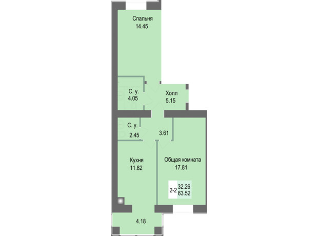 ЖК Софіївська сфера: планування 2-кімнатної квартири 63.52 м²