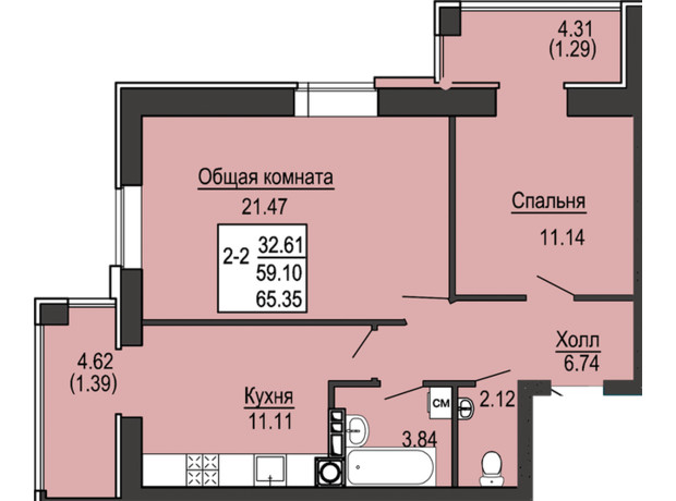 ЖК Софіївська сфера: планування 2-кімнатної квартири 65.35 м²