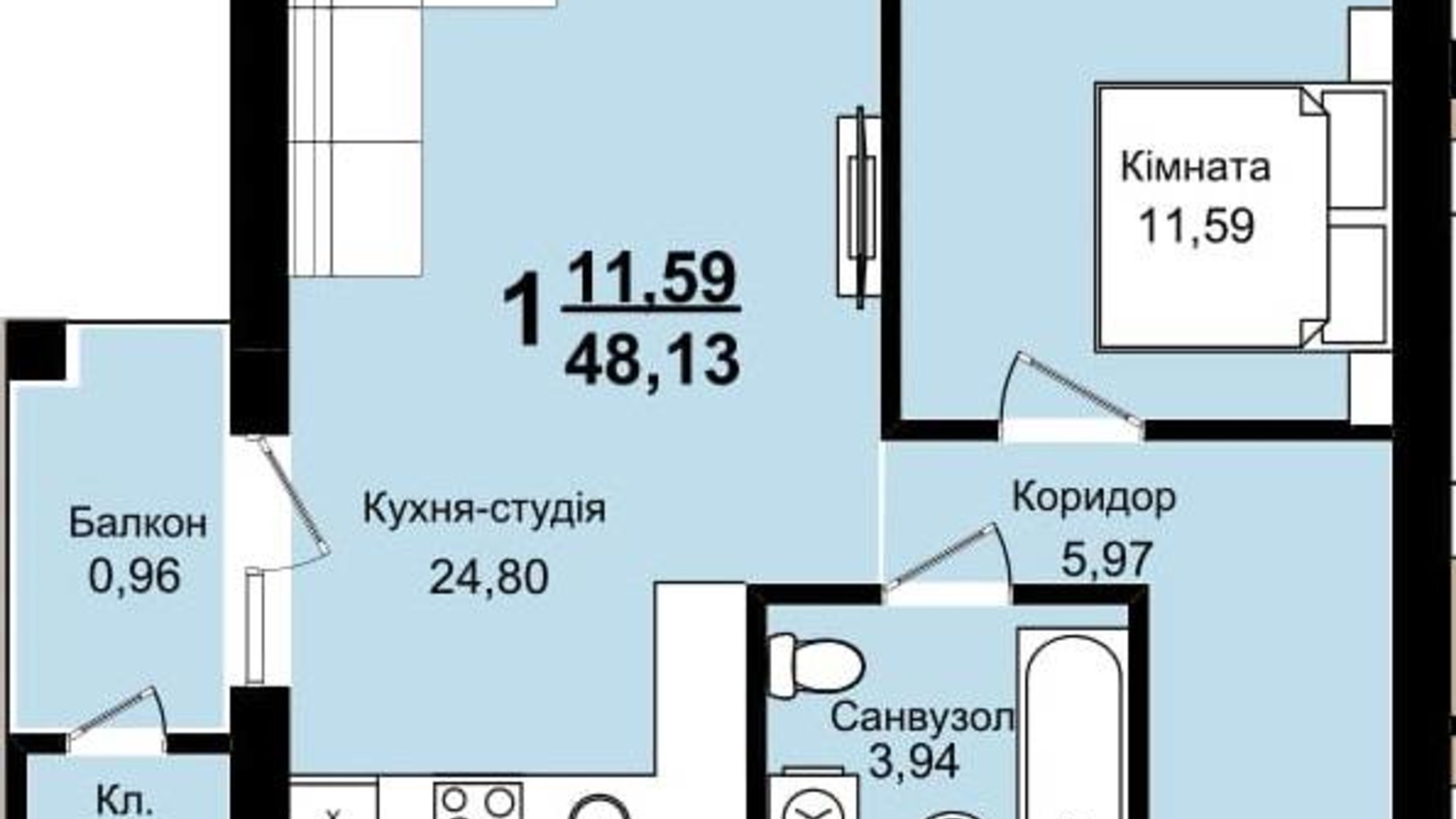 Планировка 1-комнатной квартиры в ЖК Family Residence 48.13 м², фото 221645