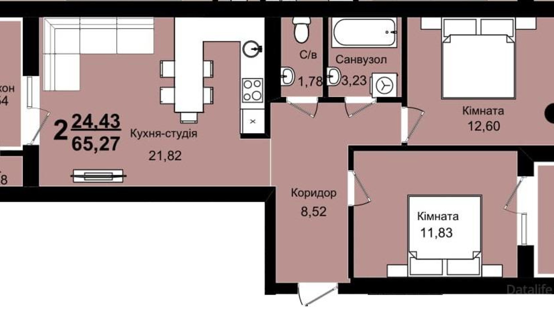 Планировка 1-комнатной квартиры в ЖК Family Residence 65.27 м², фото 221646