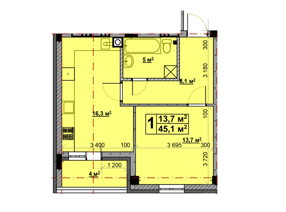 Планировка 1-комнатной квартиры в ЖК Vlasna (Власна) 45.1 м², фото 221729 Планировка 1-комнатной квартиры в ЖК Vlasna (Власна) 45.1 м², фото 221729