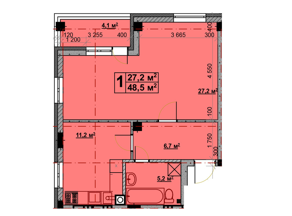 Планування 1-кімнатної квартири в ЖК Vlasna 48.5 м², фото 221732 Планування 1-кімнатної квартири в ЖК Vlasna 48.5 м², фото 221732