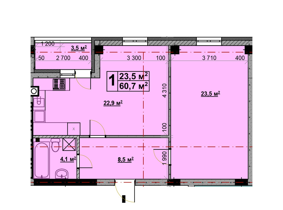 Планування 1-кімнатної квартири в ЖК Vlasna (Власна) 58.2 м², фото 221733 Планування 1-кімнатної квартири в ЖК Vlasna (Власна) 58.2 м², фото 221733