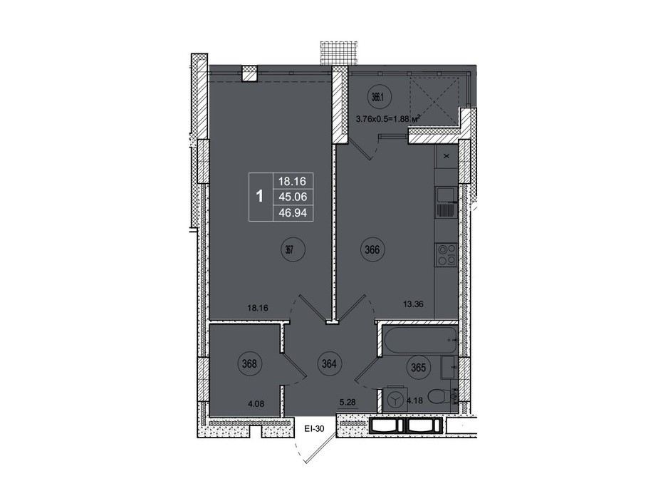 Планировка 1-комнатной квартиры в ЖК SmartCity (СмартСити) 46.86 м², фото 221744 Планировка 1-комнатной квартиры в ЖК SmartCity (СмартСити) 46.86 м², фото 221744