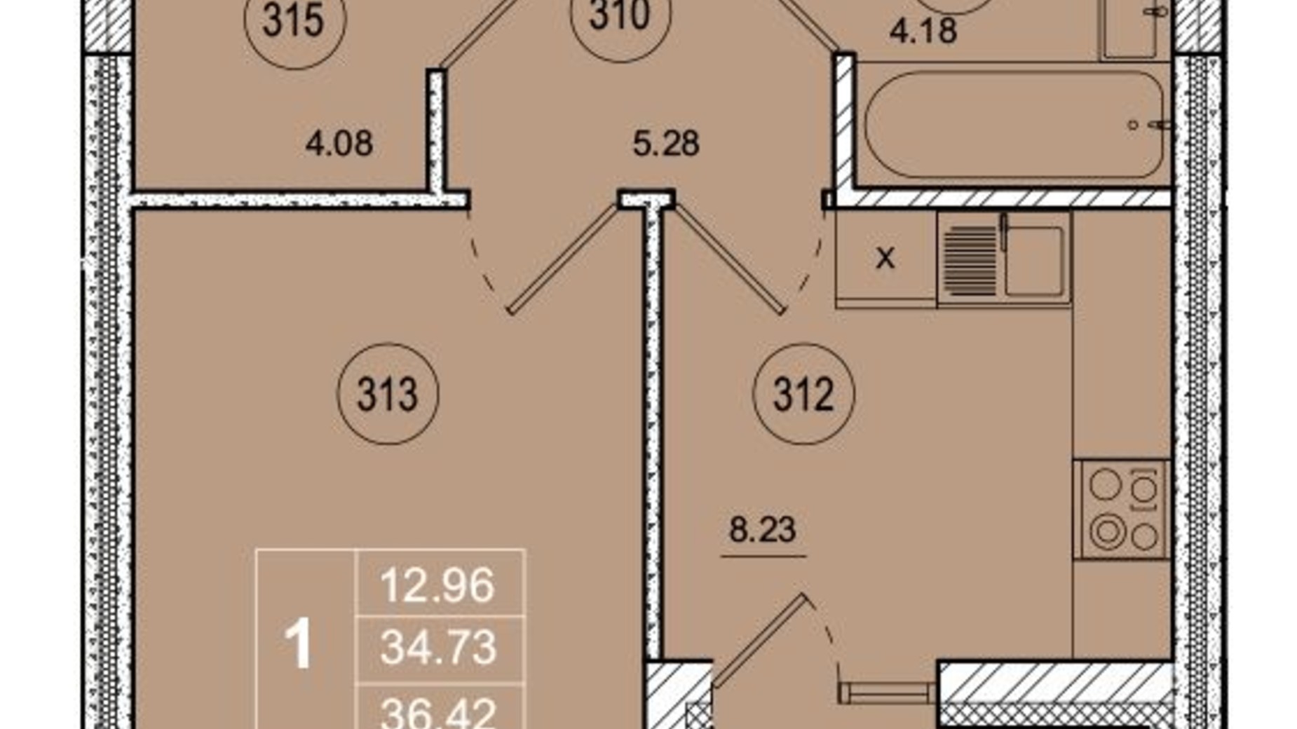 Планування 1-кімнатної квартири в ЖК SmartCity 36.42 м², фото 221746