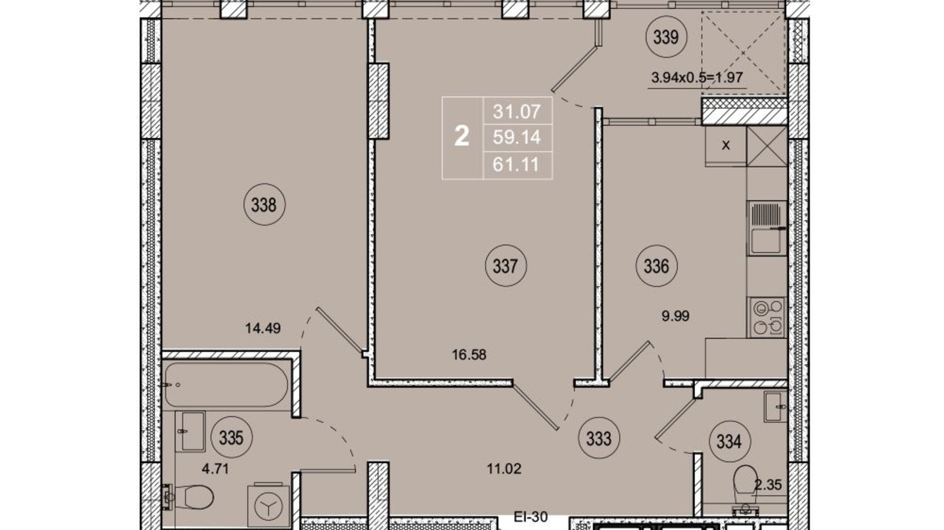 Планировка 2-комнатной квартиры в ЖК SmartCity 61.1 м², фото 221753