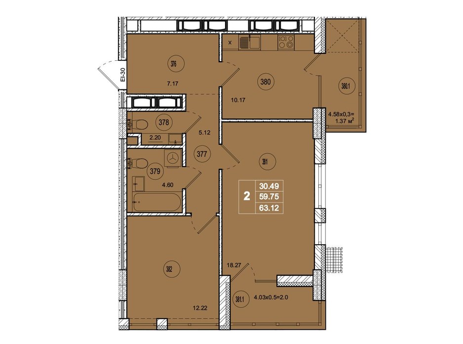 Планировка 2-комнатной квартиры в ЖК SmartCity 63.12 м², фото 221754 Планировка 2-комнатной квартиры в ЖК SmartCity 63.12 м², фото 221754
