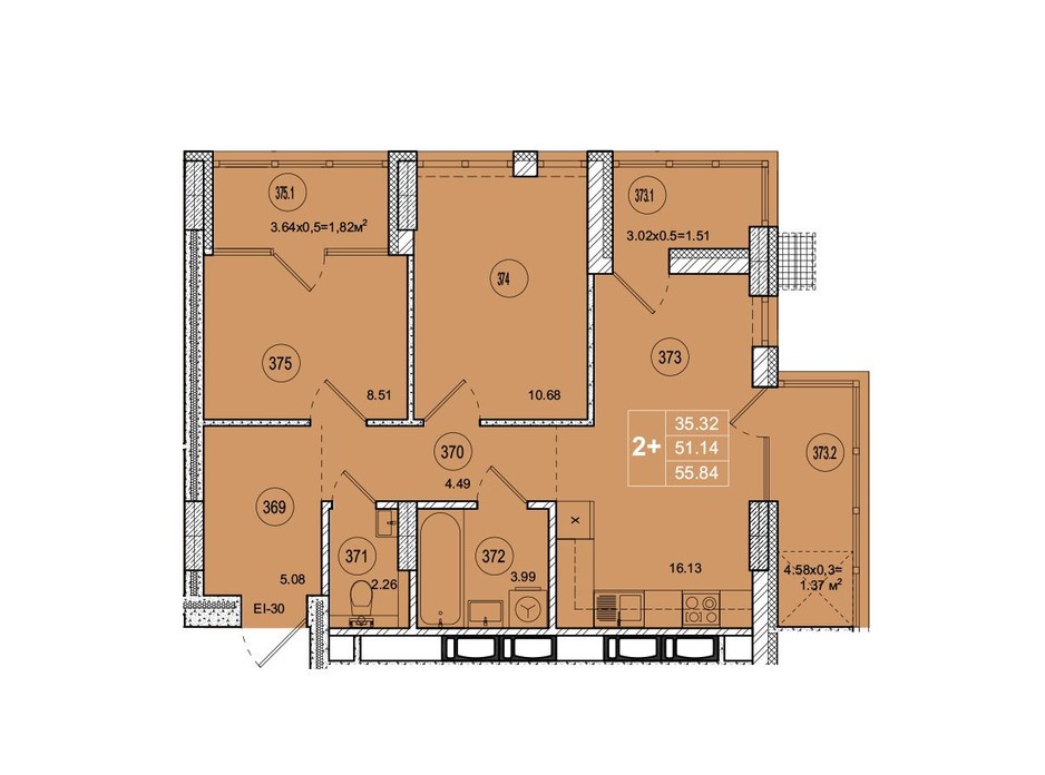 Планування 2-кімнатної квартири в ЖК SmartCity 55.84 м², фото 221755 Планування 2-кімнатної квартири в ЖК SmartCity 55.84 м², фото 221755