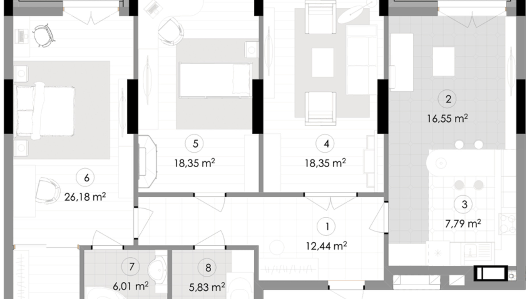 Планування 3-кімнатної квартири в ЖК Подол Град Vintage 84.26 м², фото 222347