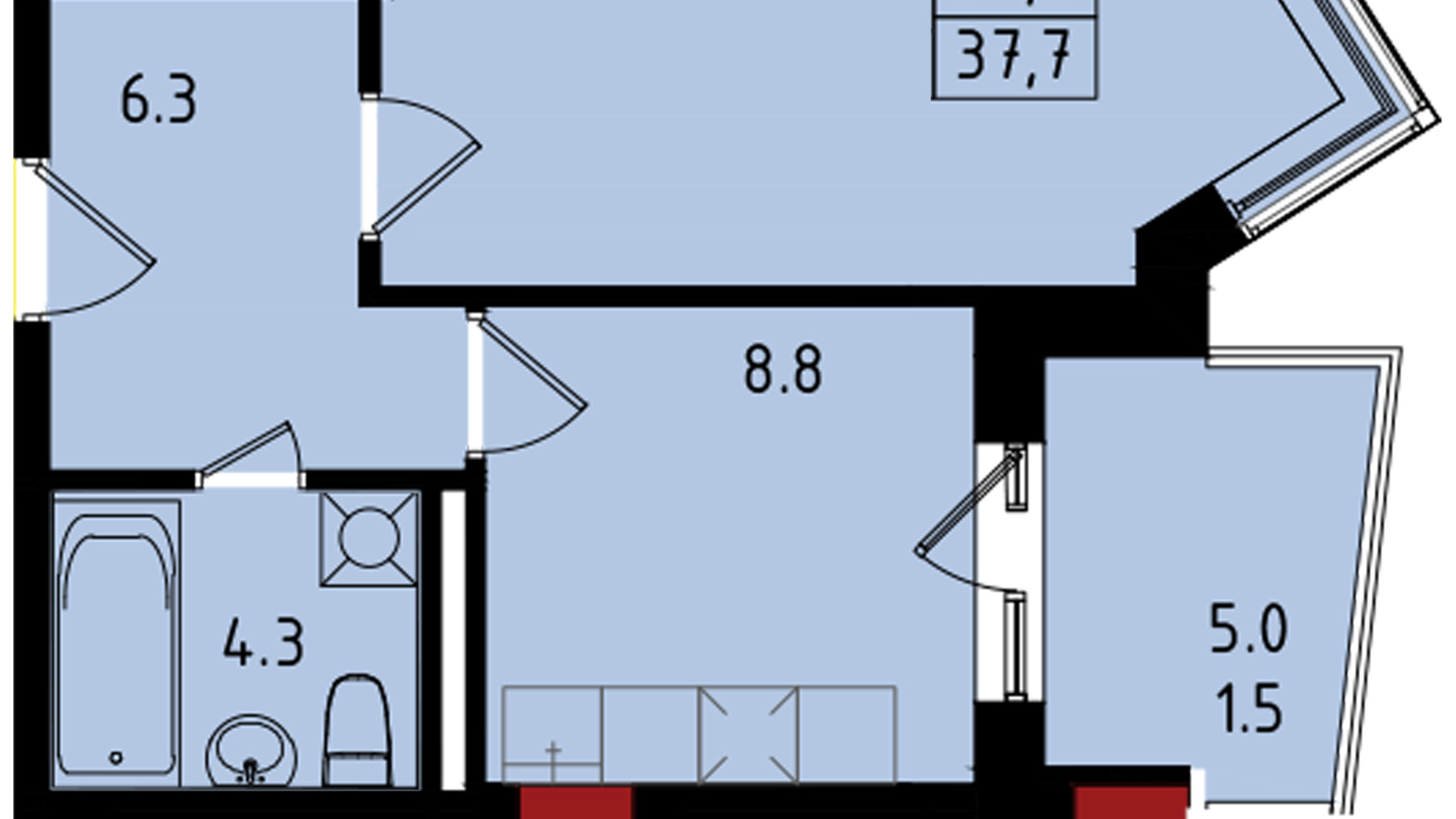 Планування 1-кімнатної квартири в ЖК Калейдоскоп 37.7 м², фото 222830