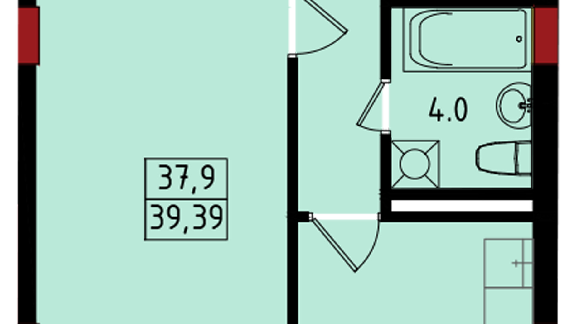 Планировка 1-комнатной квартиры в ЖК Калейдоскоп 39.39 м², фото 222834