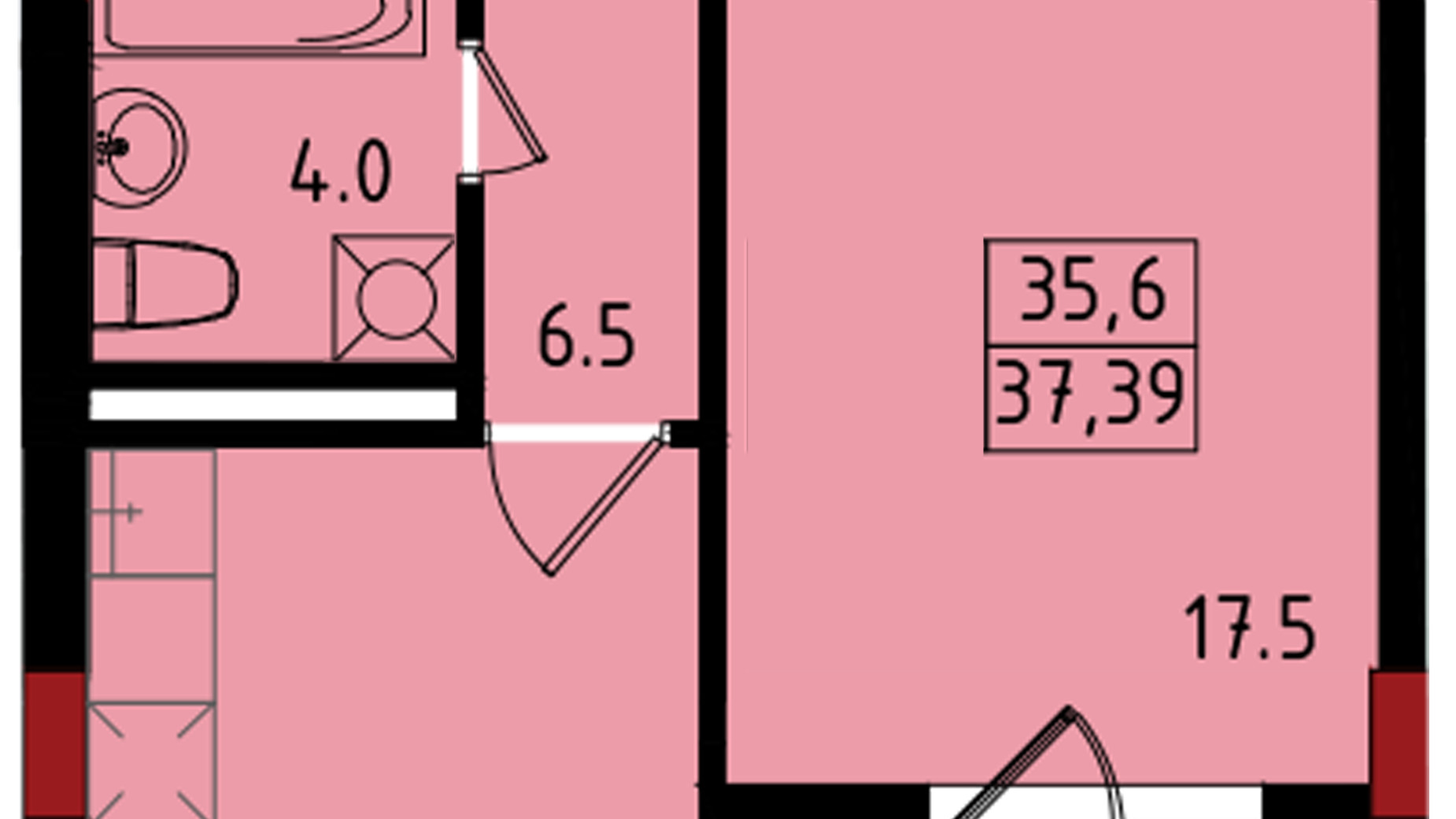 Планування 1-кімнатної квартири в ЖК Калейдоскоп 37.39 м², фото 222840