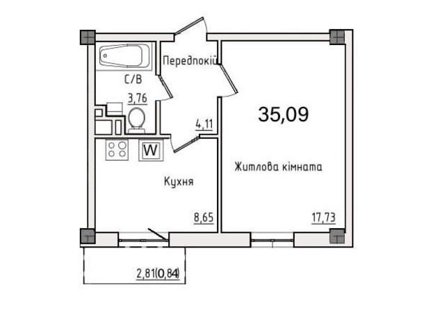 Клубный дом Сокол: планировка 1-комнатной квартиры 35.09 м²