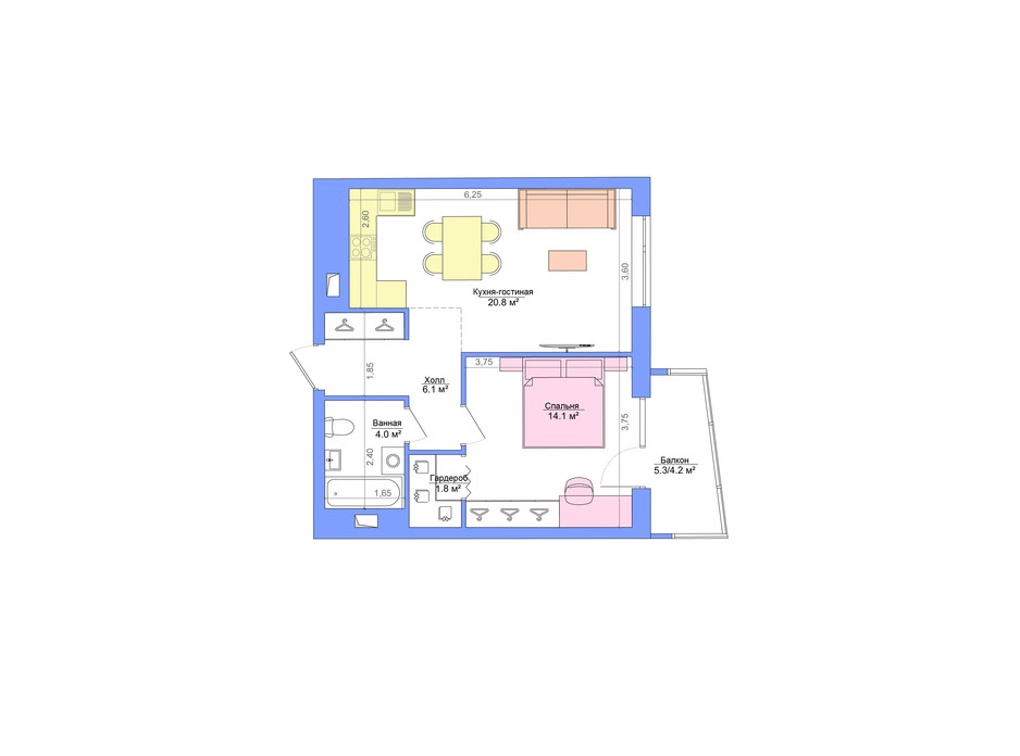 Планування 1-кімнатної квартири в ЖК Legenda 52.2 м², фото 223051 Планування 1-кімнатної квартири в ЖК Legenda 52.2 м², фото 223051