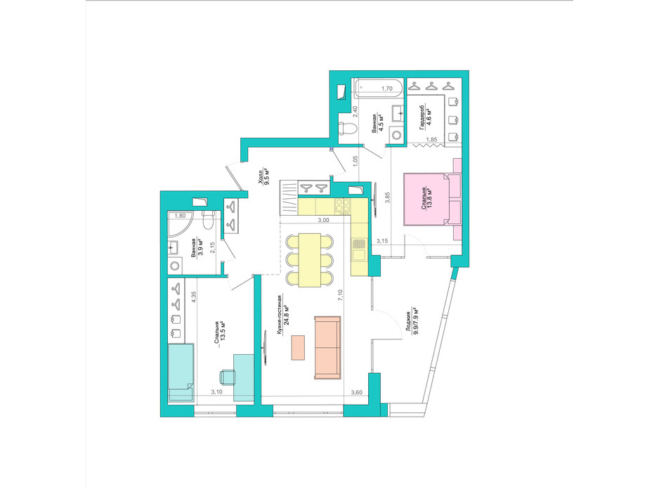 Планування 2-кімнатної квартири в ЖК Legenda 83.6 м², фото 223053 Планування 2-кімнатної квартири в ЖК Legenda 83.6 м², фото 223053
