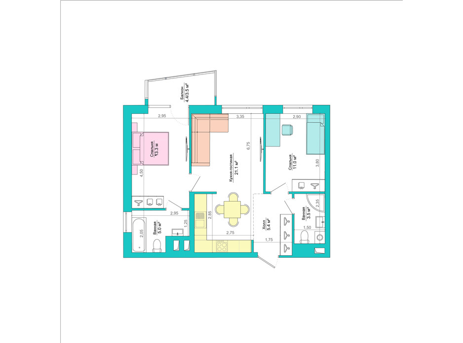Планування 2-кімнатної квартири в ЖК Legenda 64.7 м², фото 223055 Планування 2-кімнатної квартири в ЖК Legenda 64.7 м², фото 223055